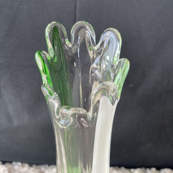 Vintage Swung Glass Finger Vase Clear White Green Ribbed 9” Handblown - Picture 2 of 8